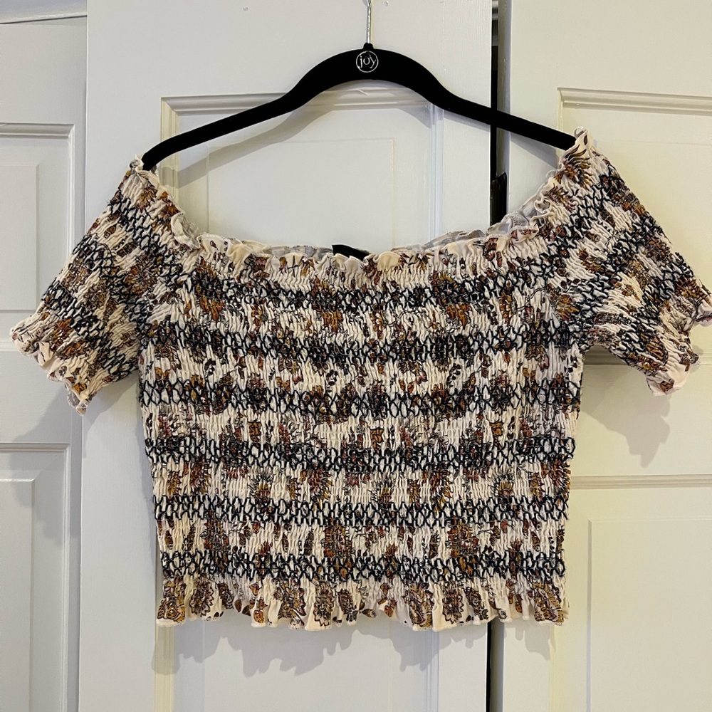 Topshop Off-Shoulder Smocked Crop Top - Cream, Black, Brown